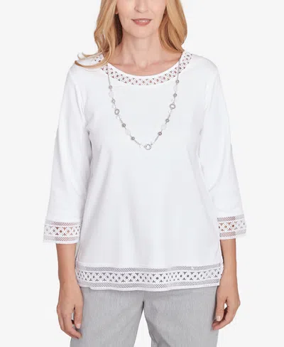 Alfred Dunner Women's Dress Code Solid Lace Trim Top With Necklace In White