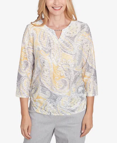 ALFRED DUNNER WOMEN'S DRESS CODE TEXTURED PAISLEY BEADED NECK TOP