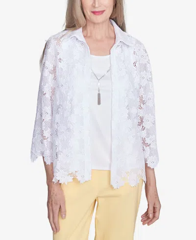 Alfred Dunner Petite Dress Code Two In One Lace Top With Necklace In White