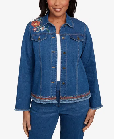 Alfred Dunner Women's El Paso Floral Vine Embroidered Border Denim Jacket