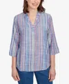 Alfred Dunner Petite El Paso Textured Multi Stripe Collared Top In Blue