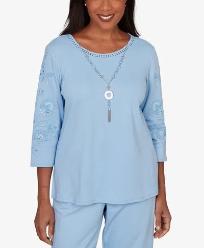 Alfred Dunner Plus Size Embroidered Floral Sleeve Accent Top With Necklace In Blue
