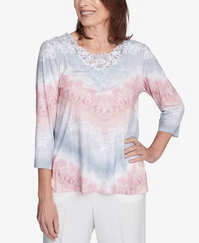 Alfred Dunner Women's Estate Of Mind Chevron Lacey Three Quarter Sleeve Top In Multi Pink