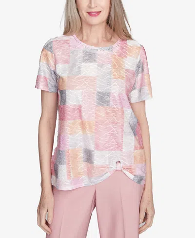 Alfred Dunner Women's Estate Of Mind Textured Colorblock Crew Neck Top In Multi Pink
