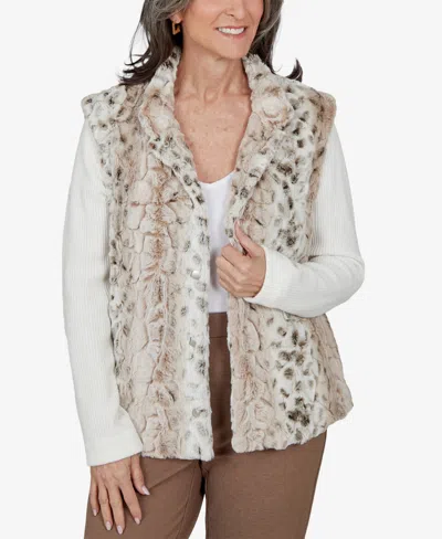 Alfred Dunner Women's Faux Fur Animal Print Mock Neck Jacket In Cream