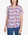 Alfred Dunner Petite All American Flag Hearts Three Quarter Sleeve Shirt In Blue