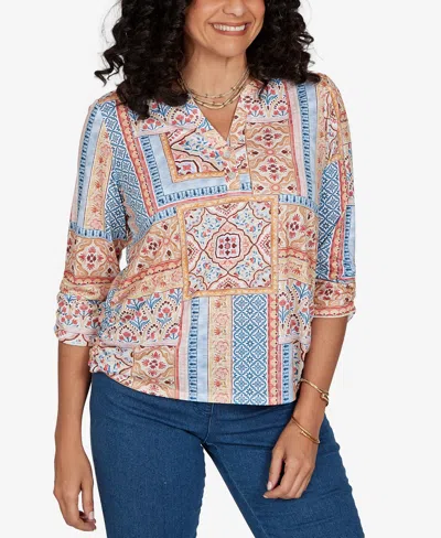 Alfred Dunner Women's Floral 3/4-sleeve Split-neck Knit Top In Blue Multi
