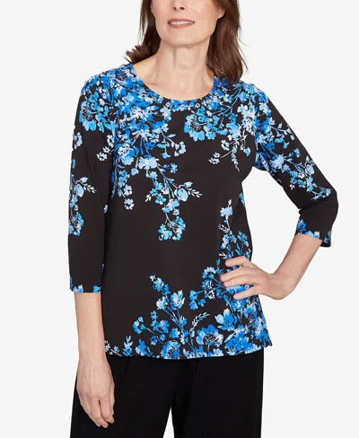 Alfred Dunner Women's Floral Asymmetric Three Quarter Sleeve Top In Blue