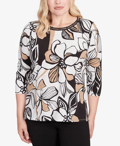 Alfred Dunner Women's Floral Leaf Embellished Top In Multi