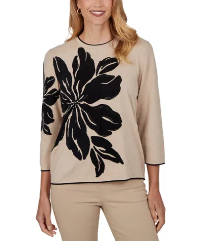 Alfred Dunner Women's Floral Loose-fit 3/4-sleeve Pullover Sweater In Tan