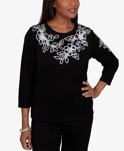 Alfred Dunner Women's Floral Scroll Soutache Sweater In Black