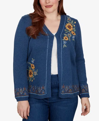 Alfred Dunner Women's Floral-embroidery Long-sleeve V-neck Cardigan In Denim