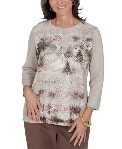 Alfred Dunner Women's Floral-print 3/4-sleeve Crewneck Sweater In Gray