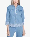 Alfred Dunner Plus Size Flower Power Denim Floral Embroidered Jacket In Light Indigo