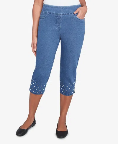 Alfred Dunner Women's Flower Power Detailed Denim Capri Pants In Medium Indigo