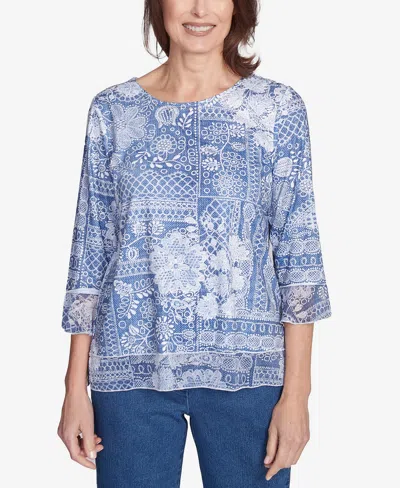 Alfred Dunner Women's Flower Power Lacey Floral Patchwork Crew Neck Top In Blue