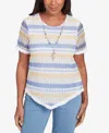Alfred Dunner Petite Flower Power Textured Biadere Fringe Top With Necklace In Multi Blue