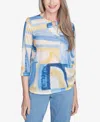 Alfred Dunner Plus Size Flower Power Watercolor Patchwork Geometric Keyhole Neck Top In Multi Blue