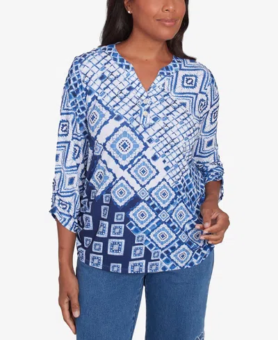 Alfred Dunner Women's Free Spirit Ikat Patched Geometric Top In Navy Multi