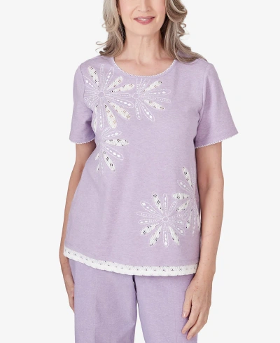 Alfred Dunner Petite Garden Party Short Sleeve Flower Lace Trim Top In Lavender