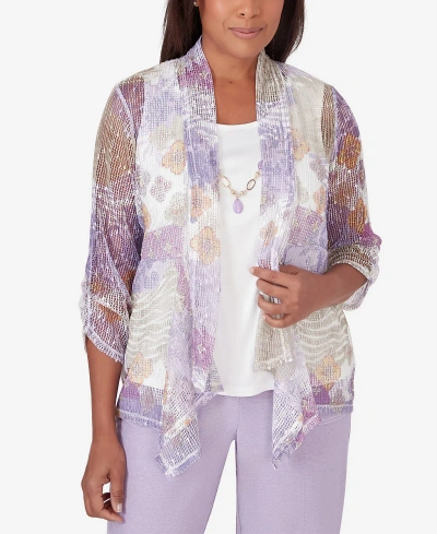 Alfred Dunner Plus Size Garden Party Popcorn Mesh Two In One 3/4 Sleeve Top In Multi
