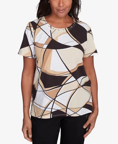 Alfred Dunner Women's Geometric Top With Detailed Neckline In Black,tan