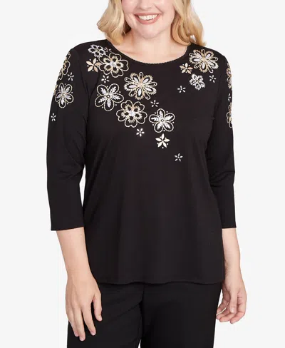 Alfred Dunner Women's Gold Floral Embroidered Three Quarter Sleeve Top In Black