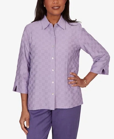 Alfred Dunner Plus Size Grand Bazaar Box Textured Button Front Top In Purple