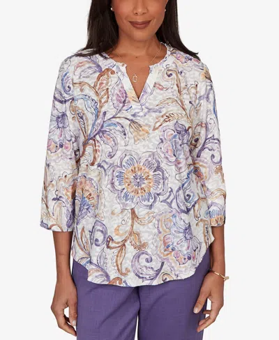 Alfred Dunner Women's Grand Bazaar Jacobean Floral Split Neck Top In Multi