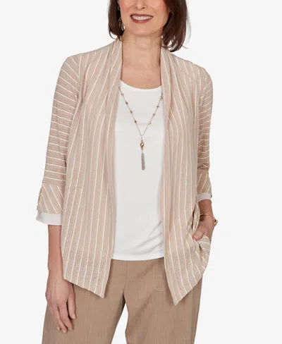 Alfred Dunner Plus Size Grand Bazaar Vertical Stripe Two In One Top With Necklace In Brown