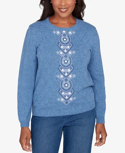 Alfred Dunner Women's Hilton Head Center Embroidery Accent Sweater In Blue