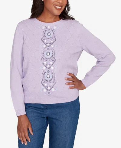 Alfred Dunner Women's Hilton Head Center Embroidery Accent Sweater In Purple