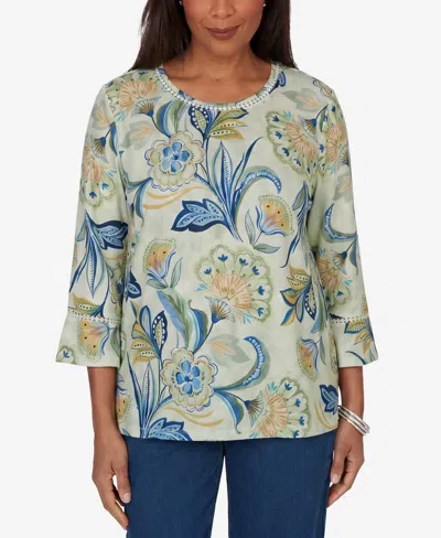 Alfred Dunner Women's Indigo Girls Bold Meadow Floral Knit Top In Green
