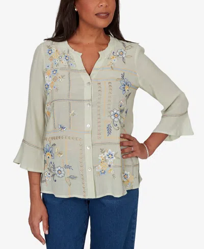 Alfred Dunner Women's Indigo Girls Floral Embroidered Squares Button-front Top In Green
