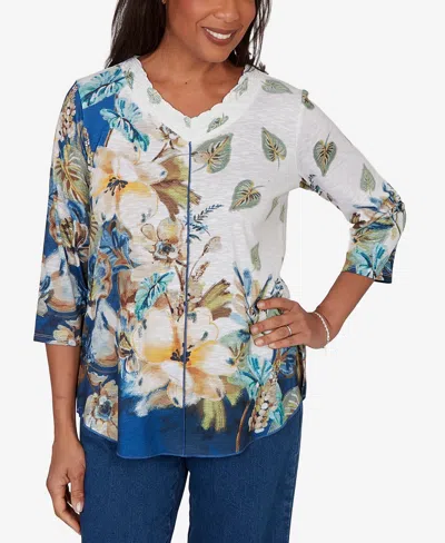 Alfred Dunner Women's Indigo Girls Placed Texture Floral Knit Top In Multi