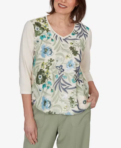 Alfred Dunner Women's Indigo Girls Sequined Floral Mesh Overlay Knit Top In White