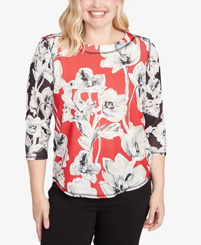 Alfred Dunner Women's Jet Setter Dynamic Floral Vintage Watercolor Top In Red