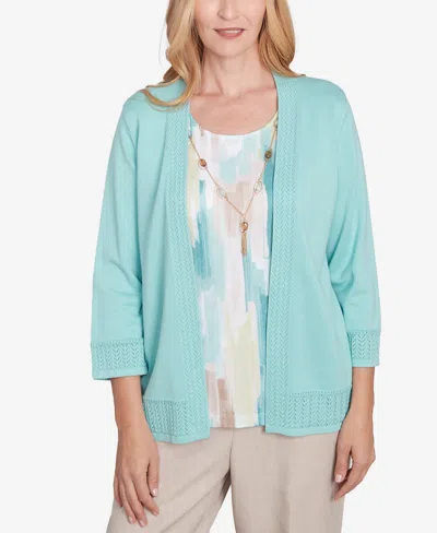 Alfred Dunner Women's Kensington Gardens Brushstroke Inner Two In One Sweater With Necklace In Pistachio