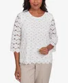 Alfred Dunner Petite Kensington Gardens Daisy Woven Lace Crew Neck Top In Ivory