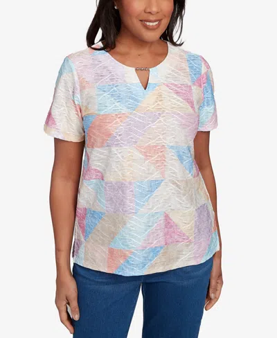 Alfred Dunner Women's Keyhole Geometric Patchwork Top In Pastel