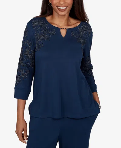 Alfred Dunner Women's Keyhole Neck Embellished Knit Top In Ink