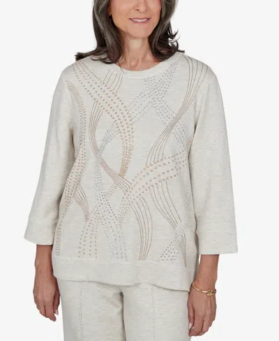 Alfred Dunner Women's Knit 3/4-sleeve Embellished Crewneck Top In Oatmeal
