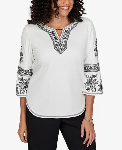 Alfred Dunner Women's Knit 3/4-sleeve Keyhole Neck Blouse In Ivory