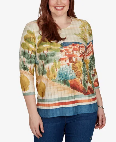 Alfred Dunner Women's Knit Crew Neck 3/4-sleeve Top In Blue Multi