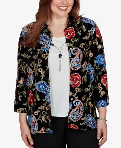 Alfred Dunner Women's Knit Floral-print Velvet 3/4-sleeve Blouse In Black