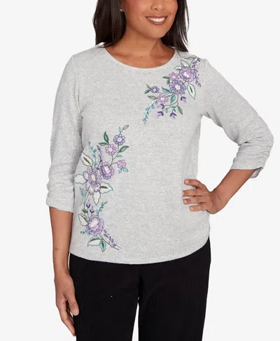 Alfred Dunner Women's Lake Champlain Embroidered Flowers With Side Tie Ruching Top In Gray