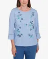 Alfred Dunner Women's Lake Victoria Flower Butterfly Embroidered Top In Chambray