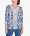 Alfred Dunner Women's Lake Victoria Split Neck Spliced Texture Top In Multi Navy