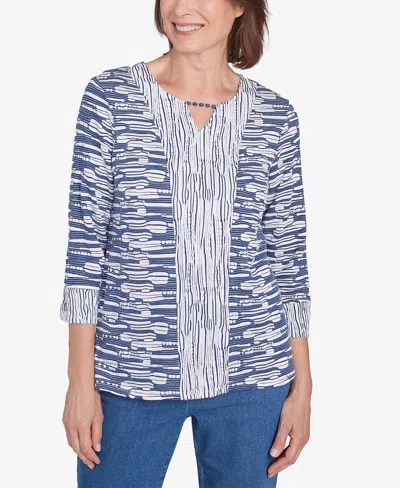 Alfred Dunner Women's Lake Victoria Split Neck Spliced Texture Top In Navy