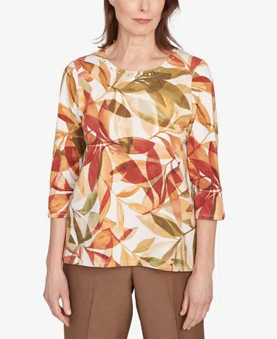 Alfred Dunner Women's Leaf Pleated Floral Crew Neck Top